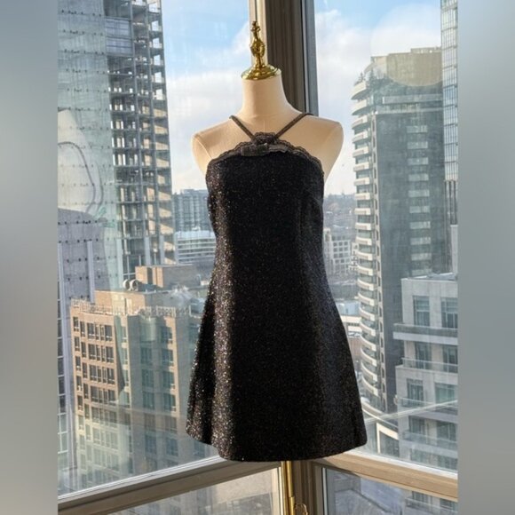 🆕 SELF-PORTRAIT 🧿 NWOT Black Tinsel Boucle Halter Mini Dress, Sz UK 12 US 8 - Picture 4 of 16